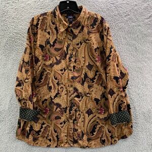 CHAPS No Iron Shirt Womens 3X Button Up Blouse Top Paisley Brown